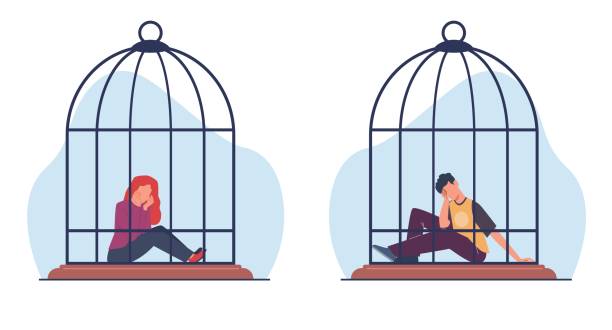 illustrations, cliparts, dessins animés et icônes de jeune homme et jeune fille souffrant de dépression et de désespoir assis dans une cage à oiseaux. enlèvement et crime, hommes et femmes pleurant en prison. problèmes mentaux. illustration isolée à plat de bande dessinée. concept vectoriel - bird brain