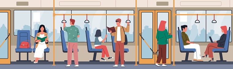Bus passengers. People travel by public transport, men and women sit and stand. Citizens holding on to handrails, read books. City auto cartoon flat style isolated illustration, nowaday vector concept