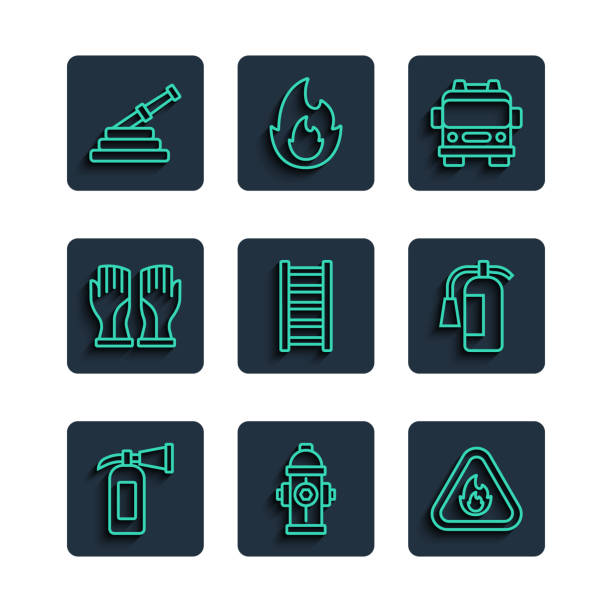 Set line Fire extinguisher, hydrant, flame triangle, truck, escape, Firefighter gloves, hose reel and icon. Vector Set line Fire extinguisher hydrant flame triangle truck escape Firefighter gloves hose reel and icon. Vector. flammable cabinet stock illustrations