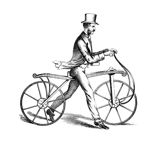 19th century engraving - gentleman riding a bicycle photographed from a book titled the 'National Encyclopedia', published in London in 1881. Copyright has expired on this artwork. Digitally restored. cycling bicycle pencil drawing cyclist stock illustrations