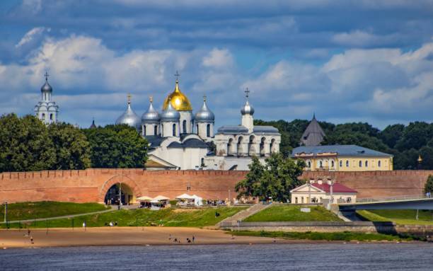 View of the Novgorod Kremlin View of the Novgorod Kremlin and St. Sophia Cathedral from the Volkhov River, Veliky Novgorod, Russia pskov russia stock pictures, royalty-free photos & images