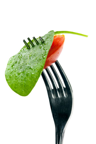 Fork with tomato and spinach stock photo