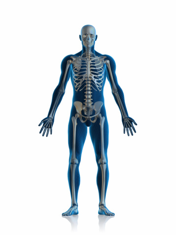 Blue man and his skeleton on white background.