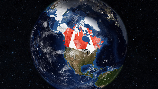 Credit: https://www.nasa.gov/topics/earth/images\n\nAn illustrative stock image showcasing the distinctive tricolor flag of Canada beautifully draped across a detailed map of the country, symbolizing the rich history and culture