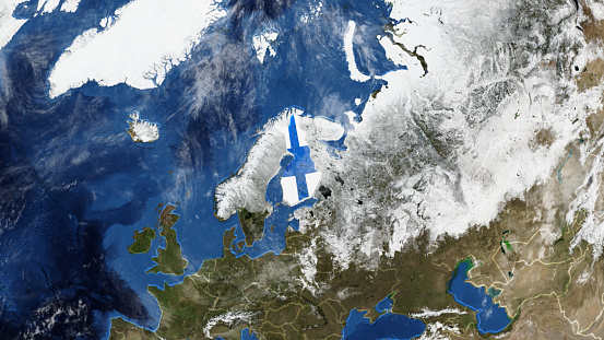 Credit: https://www.nasa.gov/topics/earth/images\n\nAn illustrative stock image showcasing the distinctive tricolor flag of Finland beautifully draped across a detailed map of the country, symbolizing the rich history and culture