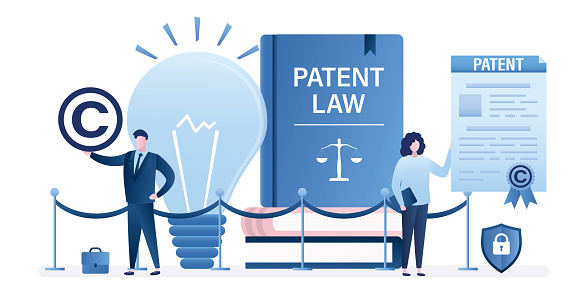 Owners holds patent for new idea or invention. Intellectual property paper document and patent law books. Copyright reserved or product trademark that cannot copy. Protect business ideas. Flat vector