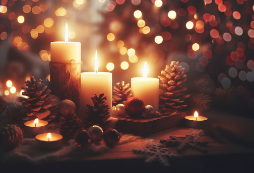 Christmas detail, lightning candles. Kid enjoy in living room during Christmas Celebration, Cheerful Christmas time
