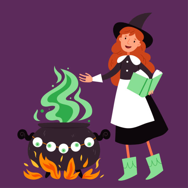 Cute witch is cooking a potion and looking at a book.Witch's cauldron.Halloween.Autumn.Hand drawn style Cute witch is cooking a potion and looking at a book.Witch's cauldron.Halloween.Autumn.Hand drawn style ugly soup stock illustrations