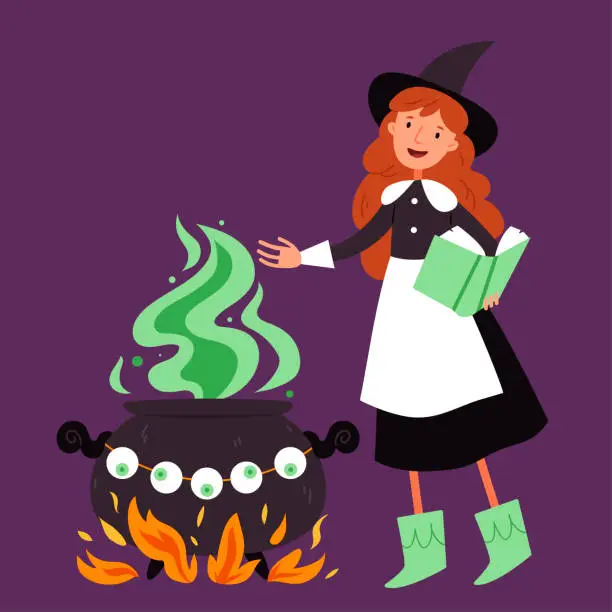 Vector illustration of Cute witch is cooking a potion and looking at a book.Witch's cauldron.Halloween.Autumn.Hand drawn style