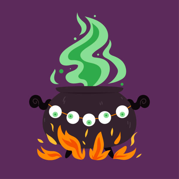Art & Illustration Witch cauldron with green feather and eyes.Halloween.Autumn.Hand draw style ugly soup stock illustrations