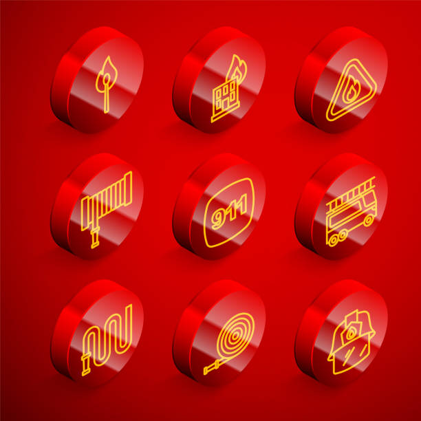 Set line Burning match with fire, Fire burning building, flame triangle, hose reel, Emergency call 911, truck, and icon. Vector Set line Burning match with fire Fire burning building flame triangle hose reel Emergency call 911 truck and icon. Vector. flammable cabinet stock illustrations