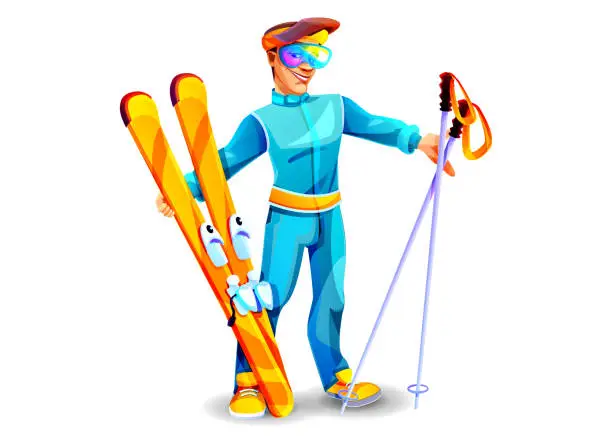 Vector illustration of Skiing and adventure concept in cartoon style. Young male skier with skis on an isolated white background.