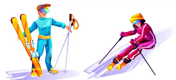 Vector illustration of Skiing and adventure concept in cartoon style. Young couple of skiers man and woman with skis on isolated white background. Creative vector set.