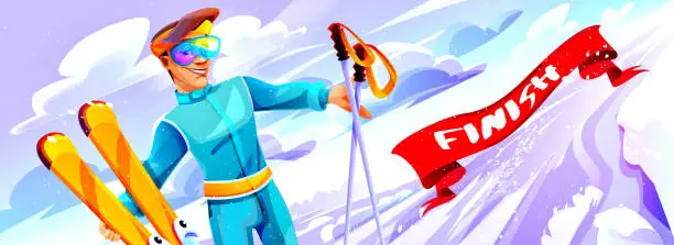 Vector illustration of The concept of skiing and sports victories in cartoon style. Young skier with skis on the final track with a finishing award ribbon.