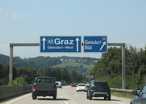road sign on the highway with Austrian locations and arrows to reach them