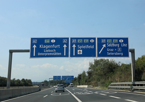 road sign on the highway with the arrows to reach the Austrian and Slovenian locations