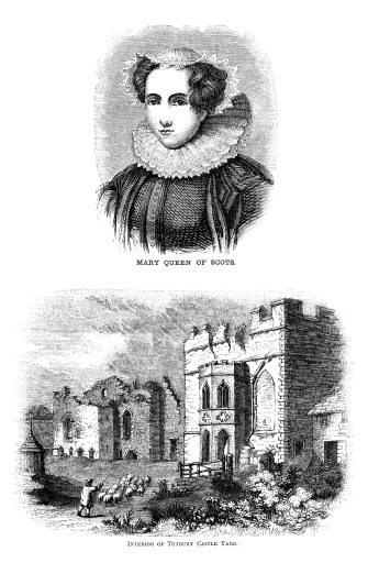 Mary, Queen of Scots and the ruins of Tutbury Castle in Staffordshire, England, where she was held prisoner from 1569-1585. Woodcut from “Pleasant Hours: A Monthly Journal of Home Reading and Sunday Teaching; Volume III” published by the Church of England’s National Society’s Depository, London, in 1863.