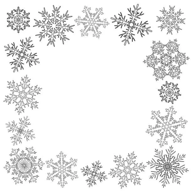 Vector illustration of Coloring book for children with different types of snowflakes in a thin frame with a signature with bright outline