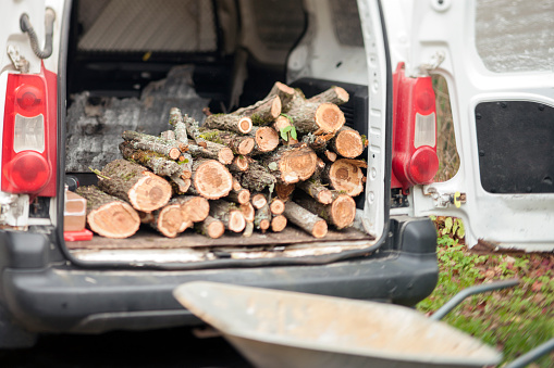 chopped firewood loaded in a minivan with open rear doors, outdoor shot
