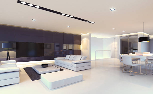 luxury penthouse scena notturna - fireplace living room door wall foto e immagini stock