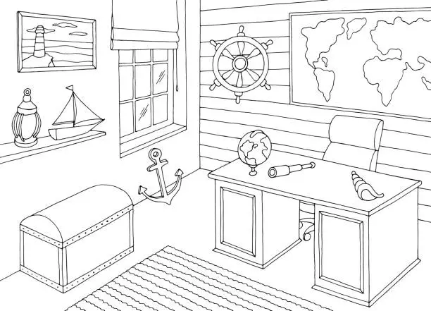 Vector illustration of Marine style office graphic black white interior sketch illustration vector