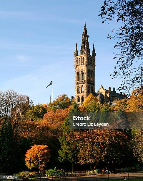 Tower At Glasgow University In Autumn Stock Photo - Download Image Now - Architecture, Autumn, Blue
