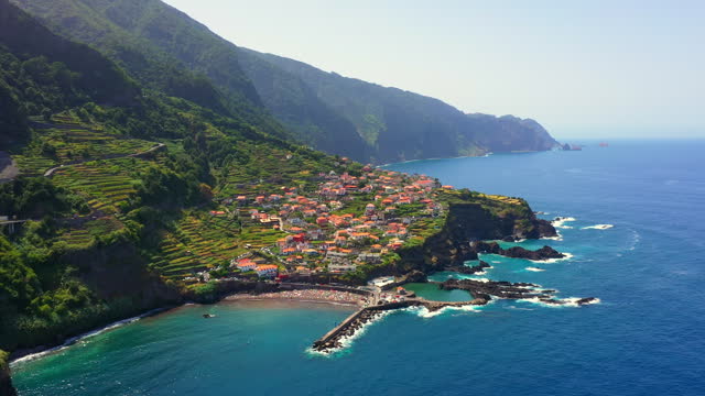 AERIAL Picturesque Village in Porto Moniz Municipality of Madeira Island, Portugal