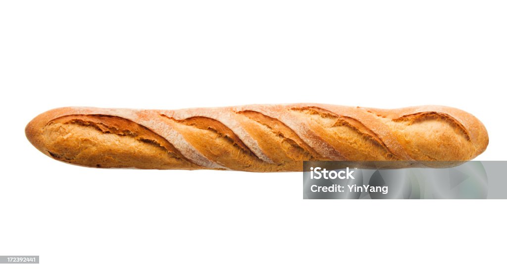 Baguete fatia de pão francês, cozido comida isolada no branco - Foto de stock de Baguete royalty-free