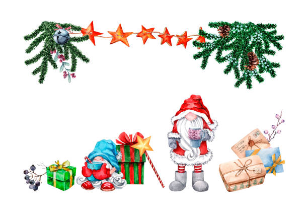 ilustrações, clipart, desenhos animados e ícones de composição de natal com papai noel, gnomo escandinavo, caixas de presente, guirlandas brilhantes em ramos de abeto fofos. ilustração em aquarela desenhada à mão isolada no fundo branco para cartões, banner - spruce branch