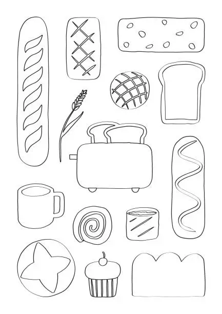 Vector illustration of Hand drawn bread and coffee for bakery food elements collection. Bread breakfast baguette, bun, toast, cinnamon roll, garlic bread.