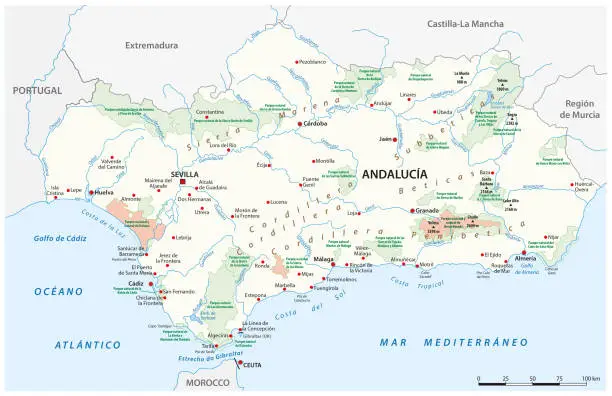 Vector illustration of Map of the National and Natural Parks in Andalusia in Spanish language