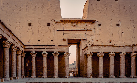 Abydos, Egypt - April 14, 2017: An Egyptian temple watcher is on display to visitors. The size of the pillars is from 10 to 22 meters high.