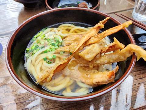 Bowl of Udon with vegetable tempura in Tokyo, Japan.