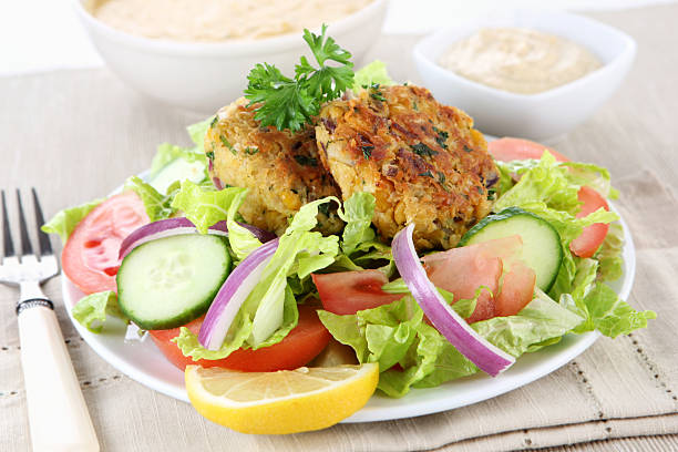 istock veggie burger with salad and soup 172395249