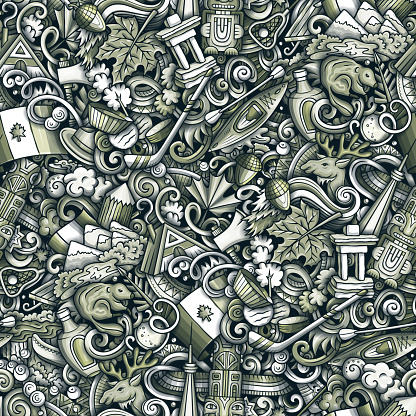 Monochrome cartoon doodle seamless pattern with a variety of Canadian objects and symbols, including maple leaf, beaver, moose, hockey stick, and snow. Perfect for website, blog, or social media post about Canada.