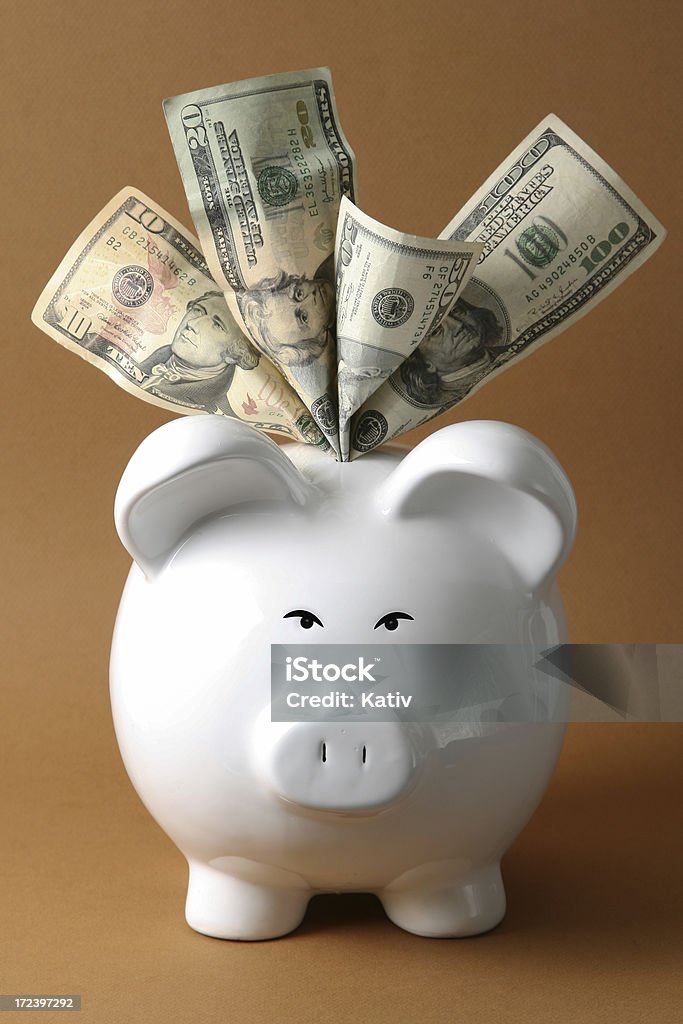 Give Me More Somewhat upset piggy bank not satisfied with all the money he's already got. 401k - Single Word Stock Photo