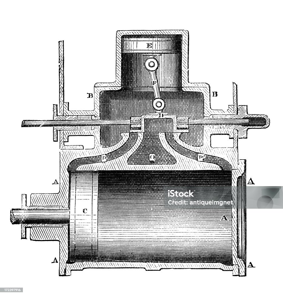 19 ème siècle Gravure Coupe transversale d'un moteur à vapeur - Illustration de Antiquités libre de droits