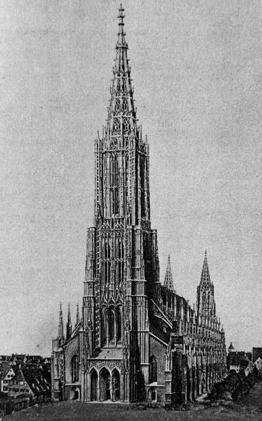 Ulm minster, highest church tower on earth Illustration from 19th century. ulm minster stock illustrations