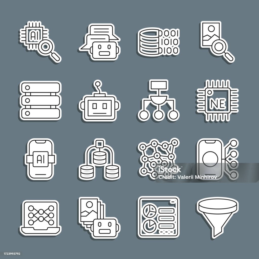 Neural Net Processor Sticker Set Line Funnel Or Filter Neural Network Processor Cpu Binary Code ...