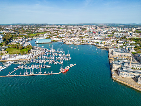 Aerial view over Mayflower Marina in Plymouth with city beyond