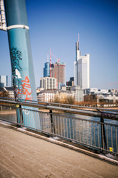 ECB, European Central Bank Frankfurt - construction site and Deutschherrenbruecke (railway bridge), December 2013. Toned image, panoramic view