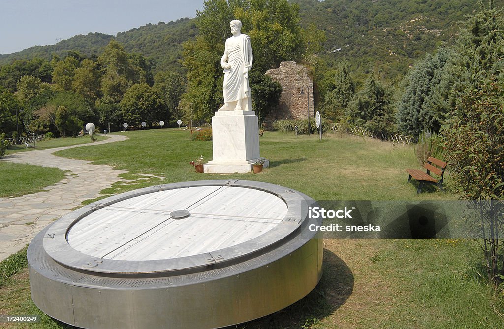 Statue of Aristotle, compass "Aristotle`s park, Stagira, Halkidiki, Greece" Aristotle Stock Photo