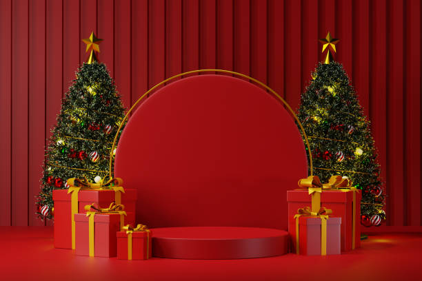 istock Christmas tree and gift box with decoration and white podium on red background 1724003823