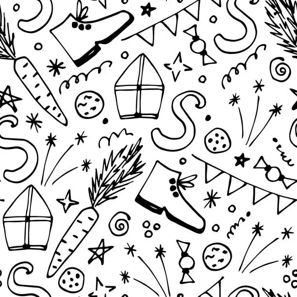 Vector illustration of Simple hand drawn vector seamless pattern. For prints of wrapping paper, gift box. Celebration of St. Nicholas Day, Sinterklaas.