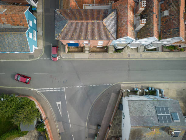 Drone top down view of a typical English road junction.