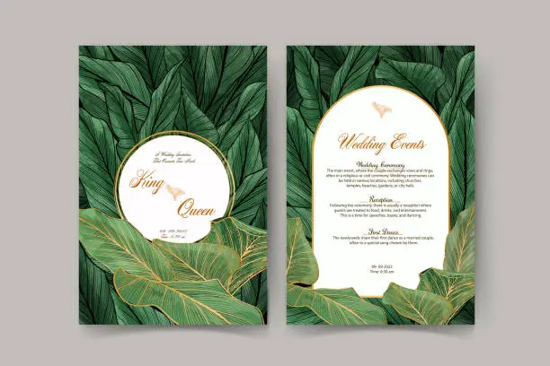 Vector illustration of Luxury wedding invitation card background with golden line art flower and botanical leaves, Organic shapes, Watercolor. Abstract art background vector design for wedding and vip cover template.