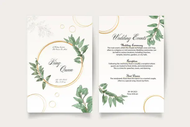 Vector illustration of Luxury wedding invitation card background with golden line art flower and botanical leaves, Organic shapes, Watercolor. Abstract art background vector design for wedding and vip cover template.