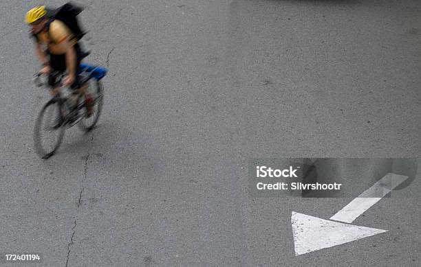 Bicycle Messenger Follows Arrow In San Francisco Stock Photo - Download Image Now - Above, Aerial View, Arrow Symbol