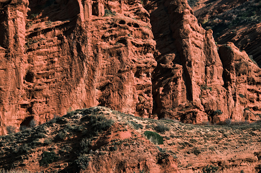 Close-up shot of red rock formation in Tien Shan (Jeti Oguz, Kyrgyzstan)