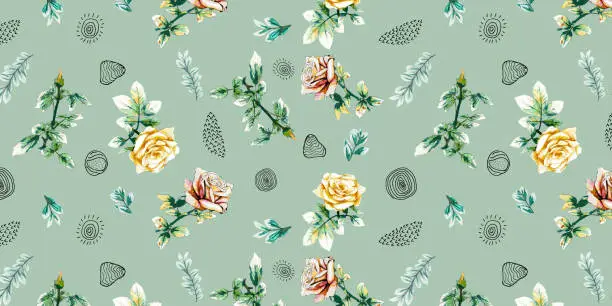 Vector illustration of Beach cheerful seamless pattern wallpaper of tropical dark green leaves of palm trees and flowers bird of paradise (strelitzia) plumeria on a light yellow background